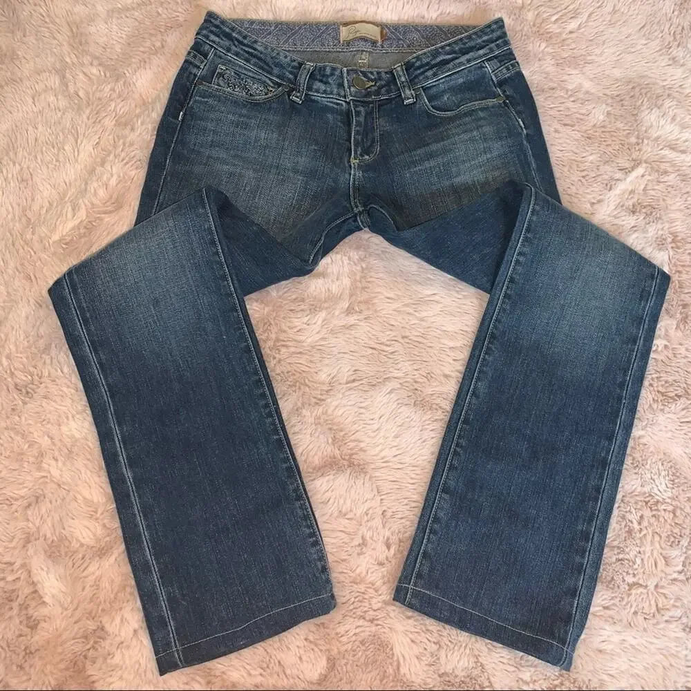 Paige Premium Denim Embroidered Blue Heights Straight Leg Jeans Size: 28